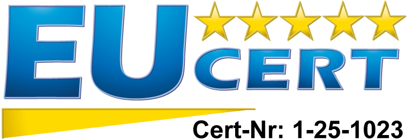 EU CERT Logo mit fünf Sternen und gelbem Balken, Symbol für EU-Zertifizierung und Qualitätssiegel.