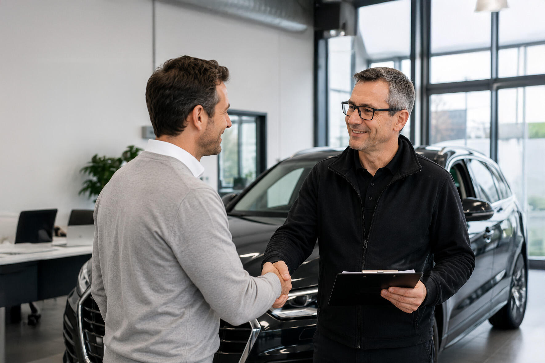 Kunde schüttelt einem Autoverkäufer im Autohaus die Hand, im Hintergrund steht ein schwarzes Auto.